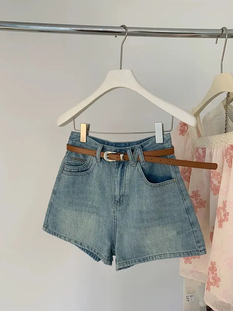 Quần short jean dành cho nữ mùa hè màu xanh cạp cao dáng chữ A ống rộng