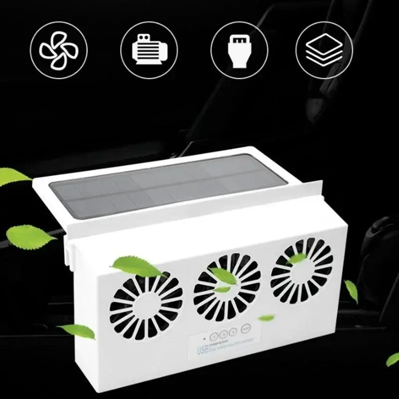 Solar Power Car Exhaust Fan with 3 Air Outlet, Window Mount Car Radiator Cooling Fan, Portable Safe Auto Air Vent Radiator for Front & Rear Window 0