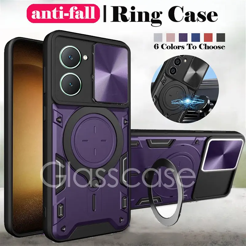 Vivo Y03 Sarung untuk Vivo Y03 Y18 Y18s Y28 Y38 Vivoy03 Y 03 Vivoy 18 Y18 Vivoy100 Y 100, Pemegang telefon cincin logam, pendirian Sarung, perlindungan kamera tolak, penutup belakang keras kalis kejutan
