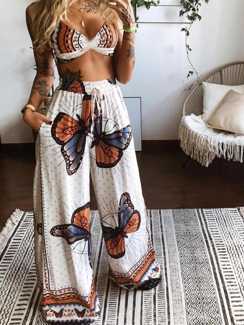 Product Introduction of Women's Butterfly Print Crop Cami Top & Tie Front High Waist Pants Set, Boho Spaghetti Strap Ruched Top & Wide Leg Pants, Ladies Summer Clothes 7