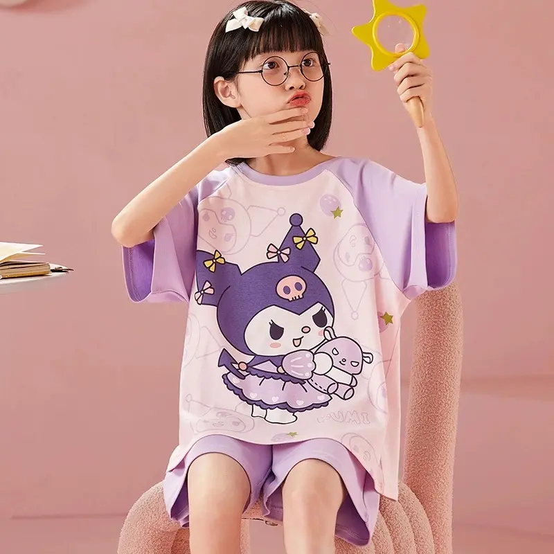Bộ đồ ngủ trẻ em Happy cho bé gái 2024 mùa hè - 6 màu, cotton nguyên chất, tay ngắn bộpolobégái có thể giặt máy vừa in vừa in đồbộquầnsọccaro 12tuổi bộđồ blackpink 2