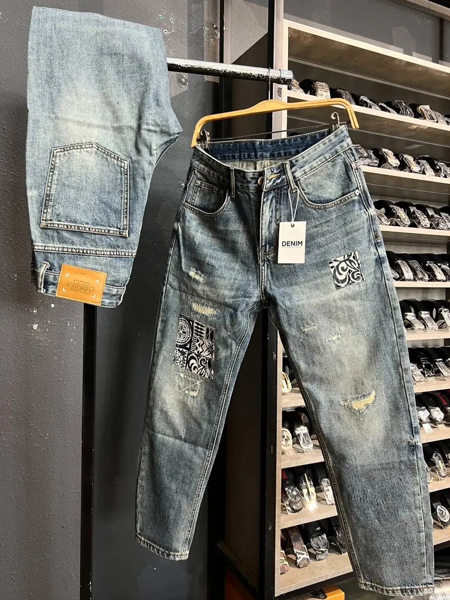 [Jean Denim Guangzhou R9070 ] Quần Jean Nam Màu Xanh Xuông Rách Mix Vải Hoa Văn J3644 - Menswear K3 STORE