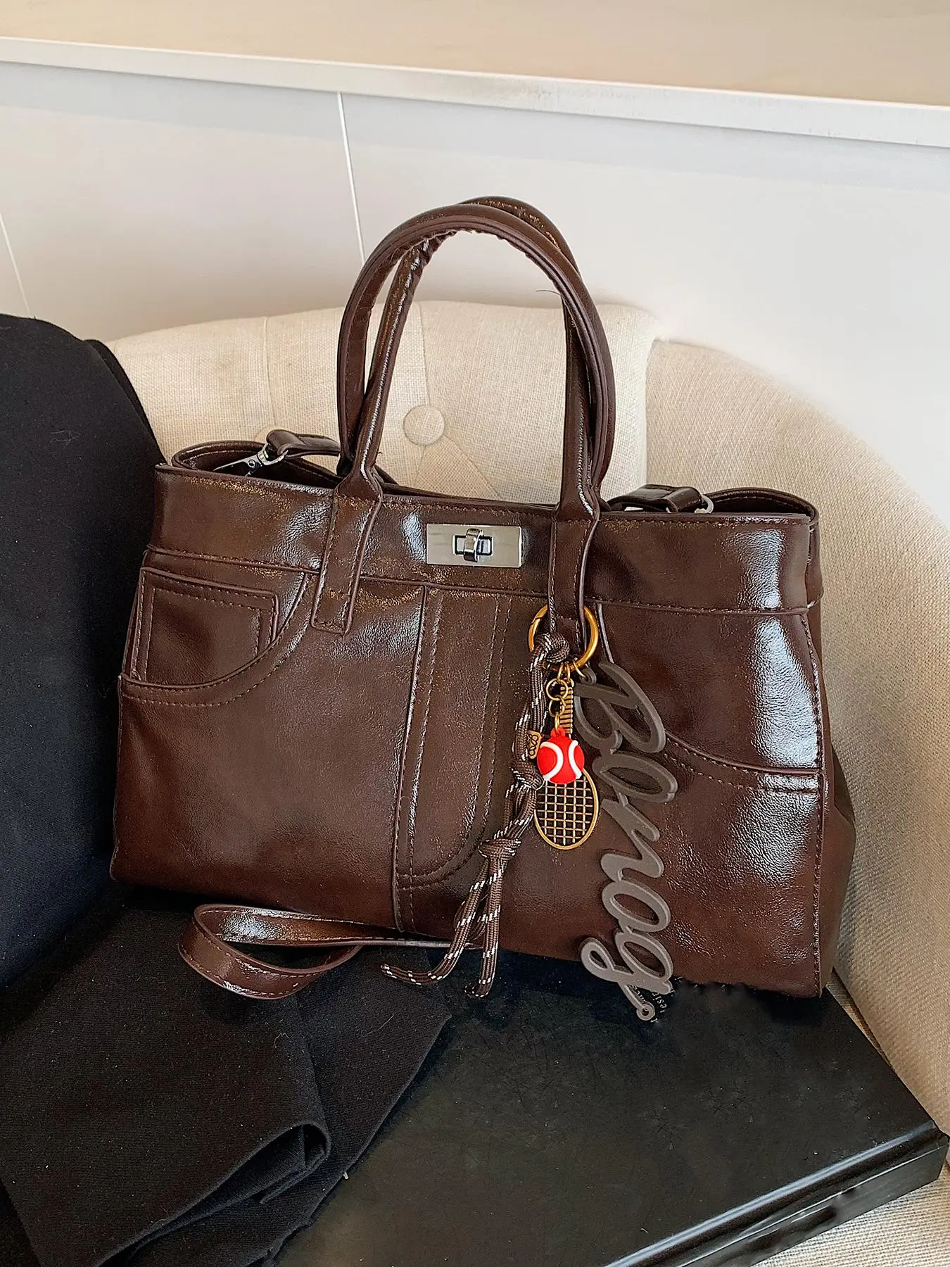 Women's Elegant Fashion Bag Charm Decor Solid Color Handbag, Fashionable Large Capacity PU Leather Bag for Daily Used, Casual Trendy Versatile High-quality Daily Commuting Bag