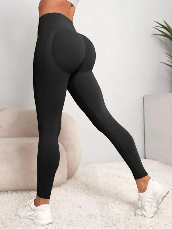 Women's Solid High Waist Sports Leggings, Quick Drying Breathable Seamless Yoga Leggings, High Stretch Seamless Yoga Pants, Ladies Sportswear Clothing for Wear 0