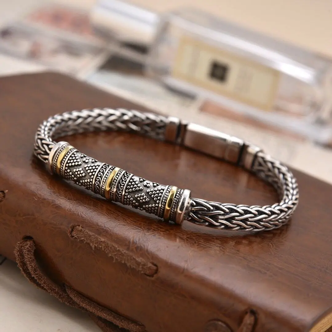 2025 New 925 Silver National Trendy Style Personalized European and American Hand-Woven Men's Chain Fashion Domineering Full Bracelet