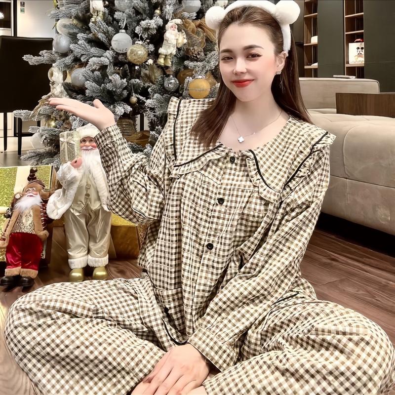 Bộ pjzama tiểu thư thiết kế kẻ caro TAY DÀI QUẦN DÀI cho nữ mặc nhà cho nữ Top Women  (Có size 40-80kg)