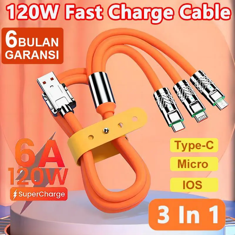ZHalo [COD] 3 In 1 120W 6A Kabel Pengisian Super Cepat Silikon Cair Kabel Data Pengisian Cepat Untuk Micro USB Type-C IOS Ponsel Konektor