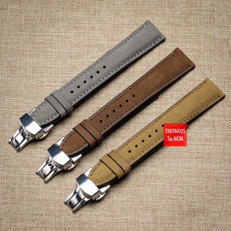 Dây đồng hồ da bò thật da lộn Nubuck khóa gấp chống gãy dây, đủ size 18mm - 19mm - 20mm - 21mm - 22mm, tặng chốt và cây tháo dây