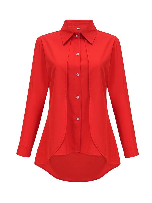 Women's Plain Wrap High Low Hem Button Front Shirt, Casual Long Sleeve Collared Top for Fall & Winter, Women's Clothing for Daily Wear, Clothes for Women 2