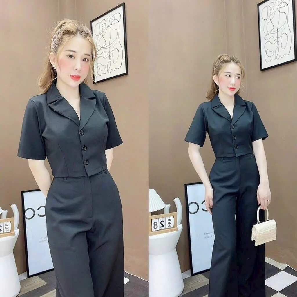 Set bộ vest tay ngắn croptop mix quần dài ống rộng công sở