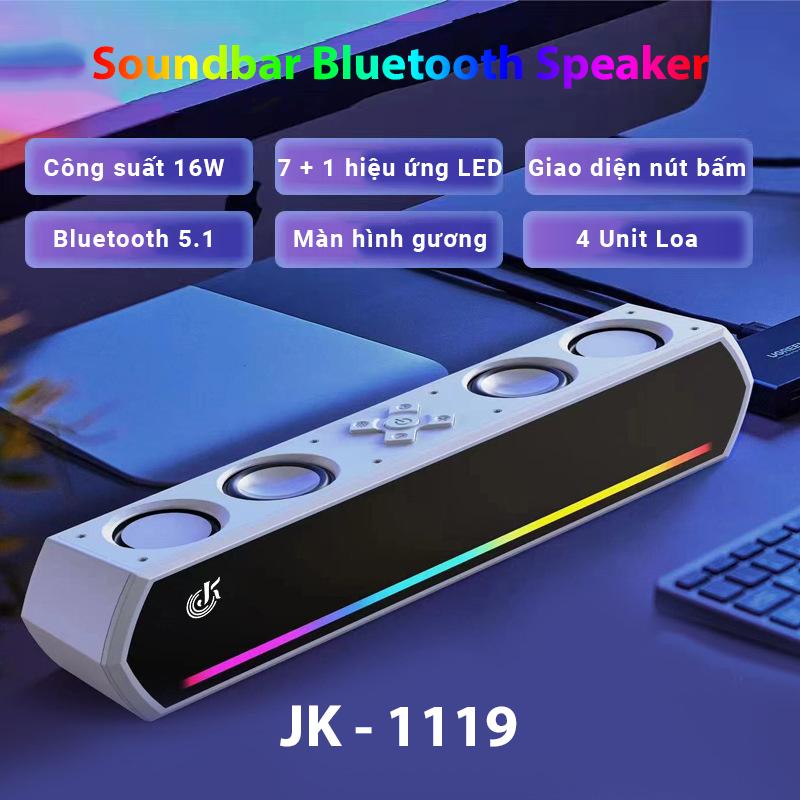  Loa bluetooth JK1119 - Công suất 16 W bass tăng cường với 4 unit loa 2 speaker và 2 màng bass - Bluetooth 5.1 Tích hợp pin sạc 1500 mAh - LED RGB 7 hiệu ứng động - BH 12 Tháng 