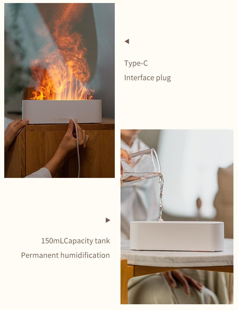 Product Introduction of Flame Aroma Diffuser Humidifier USB Desktop Simulation Light Aromatherapy Purifier Air for Bedroom With 7 Colors 44