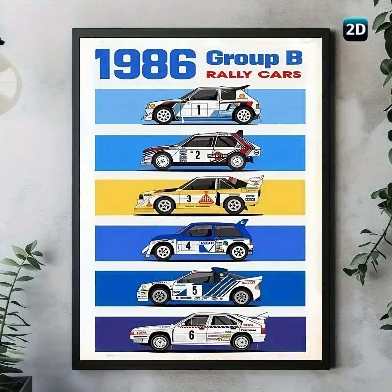 2D Flat, 1986 Group B Rally Cars Frameless Canvas Print Poster - Vintage Motorsport Wall Art Decor, 30.48x40.64 cm Retro Racing Artwork for Living Room, Bedroom, Office - Perfect Gift for Motorsport Enthusiasts, Office Decoration, Car Decorations, 2D Flat