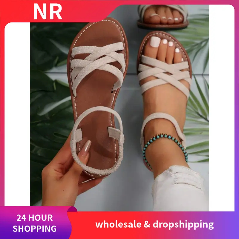 Women's Fashionable Criss Cross Strap Design Sandals, Casual Open Toe Flat Sandals for Beach, Non-slip Sandals for Daily Wear