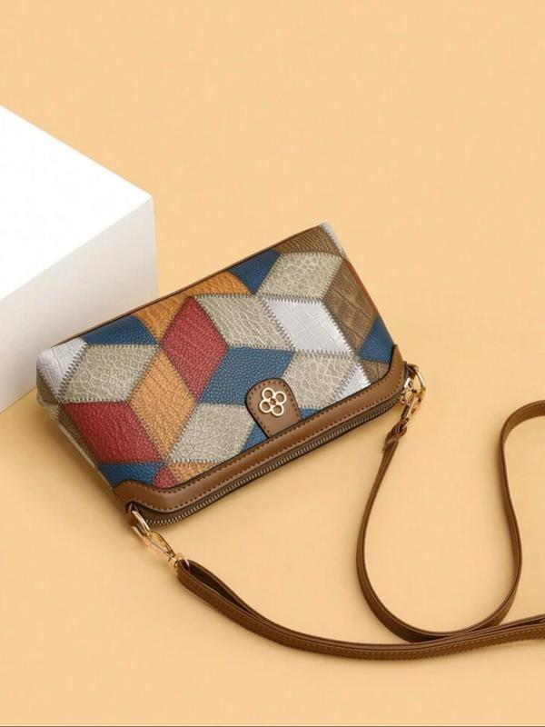 Geometric Argyle Pattern Zipper Purse Crossbody Bag, Vintage Colorblock Adjustable Bag, Versatile Fashion Women's Bag for Everyday Use 6