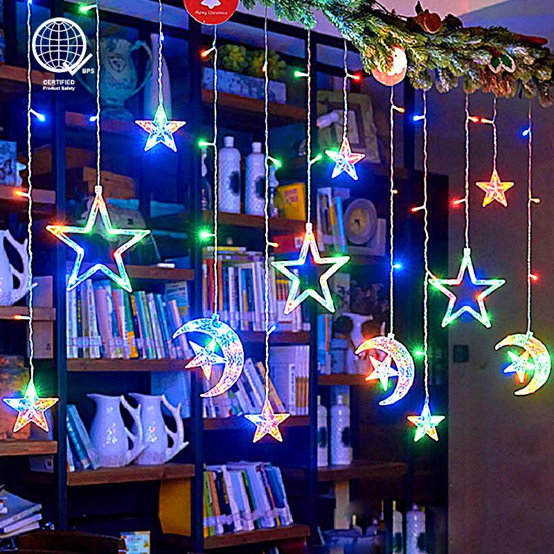 Dây đèn rèm mặt trăng ngôi sao, Ligyetor Raya, dài 3,5M, 138 đèn LED, 8 chế độ, Thích hợp cho Eid, Ramadan, Hari Raya, Halloween, Giáng sinh, Đám cưới, Tiệc tùng, Nội thất, Ngoài trời, Trong nhà, Vườn, Ban công