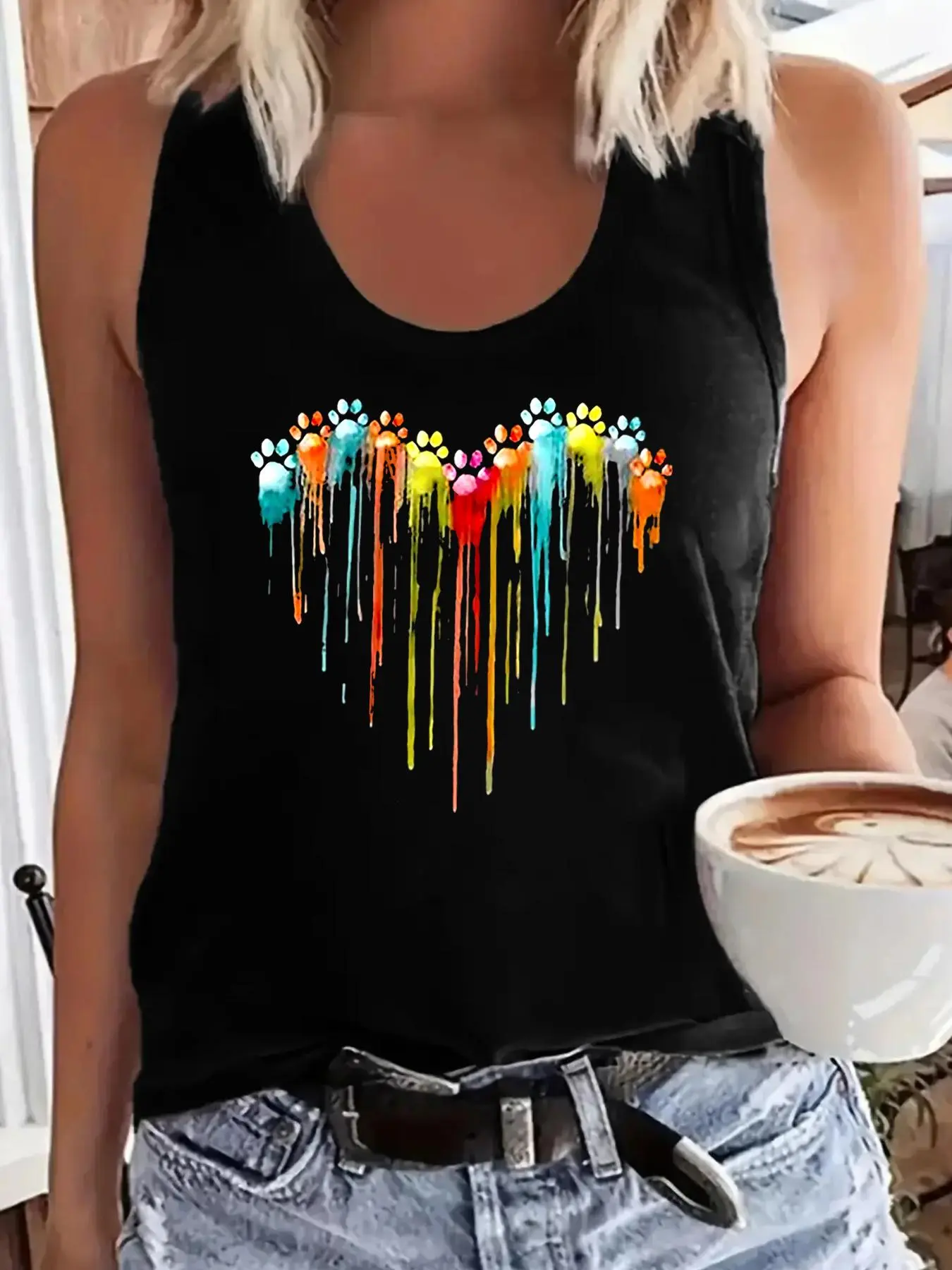 Women's Heart & Paw Print Tank Top, Fashion Casual Round Neck Sleeveless Top For Daily Outdoor Wear, Ladies Clothes For All Seasons, Clothing