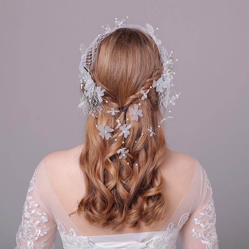 Product Introduction of Bridal Headdress Korean Wedding Fairy Beautiful Handmade Crystal String Beads Butterfly Grenadine Lace Hair Band Wedding Dress Accessories 0