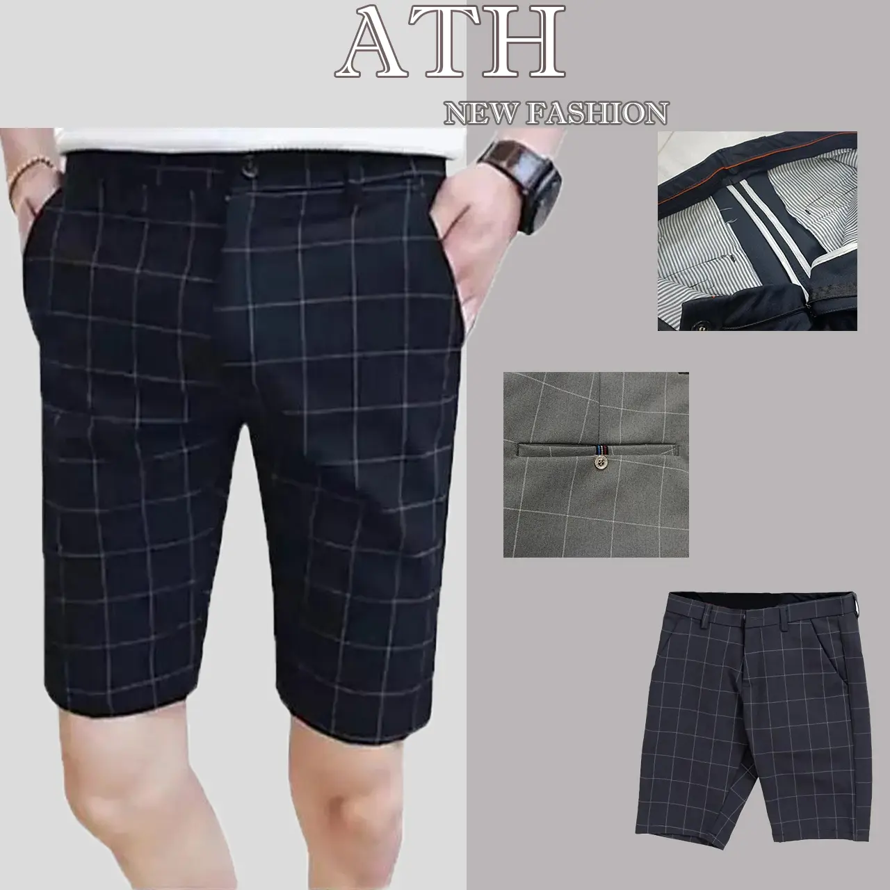 Quần short caro ATH thời trang nam form ôm gọn chất liệu cotton co giản nhẹ thoáng mát dày dặn Menswear