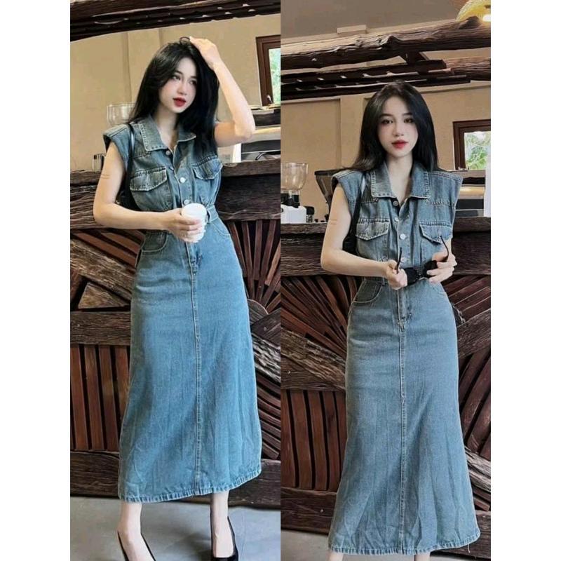 Đầm J.ean Dáng Dài Đính Khuy Tôn Dáng Cho Nữ Women Dress 0