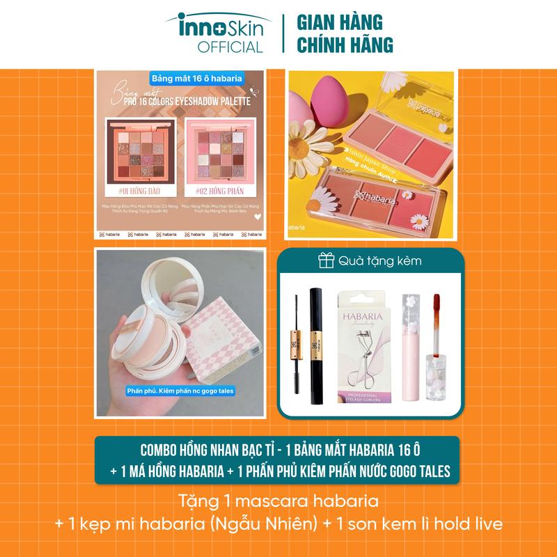 N40 - Combo hồng nhan bạc tỉ - 1 bảng mắt habaria 16 ô + 1 má hồng habaria + 1 phấn phủ kiêm phấn nước gogo tales Tặng 1 mascara habaria + 1 kẹp mi habaria (ngẫu Nhiên) + 1 son kem lì hold live