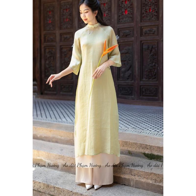 Áo dài cách tân nữ Hồ Điệp 2 màu hồng xanh bơ dáng suông tay lỡ tơ đũi cao cấp Voan Dress 3