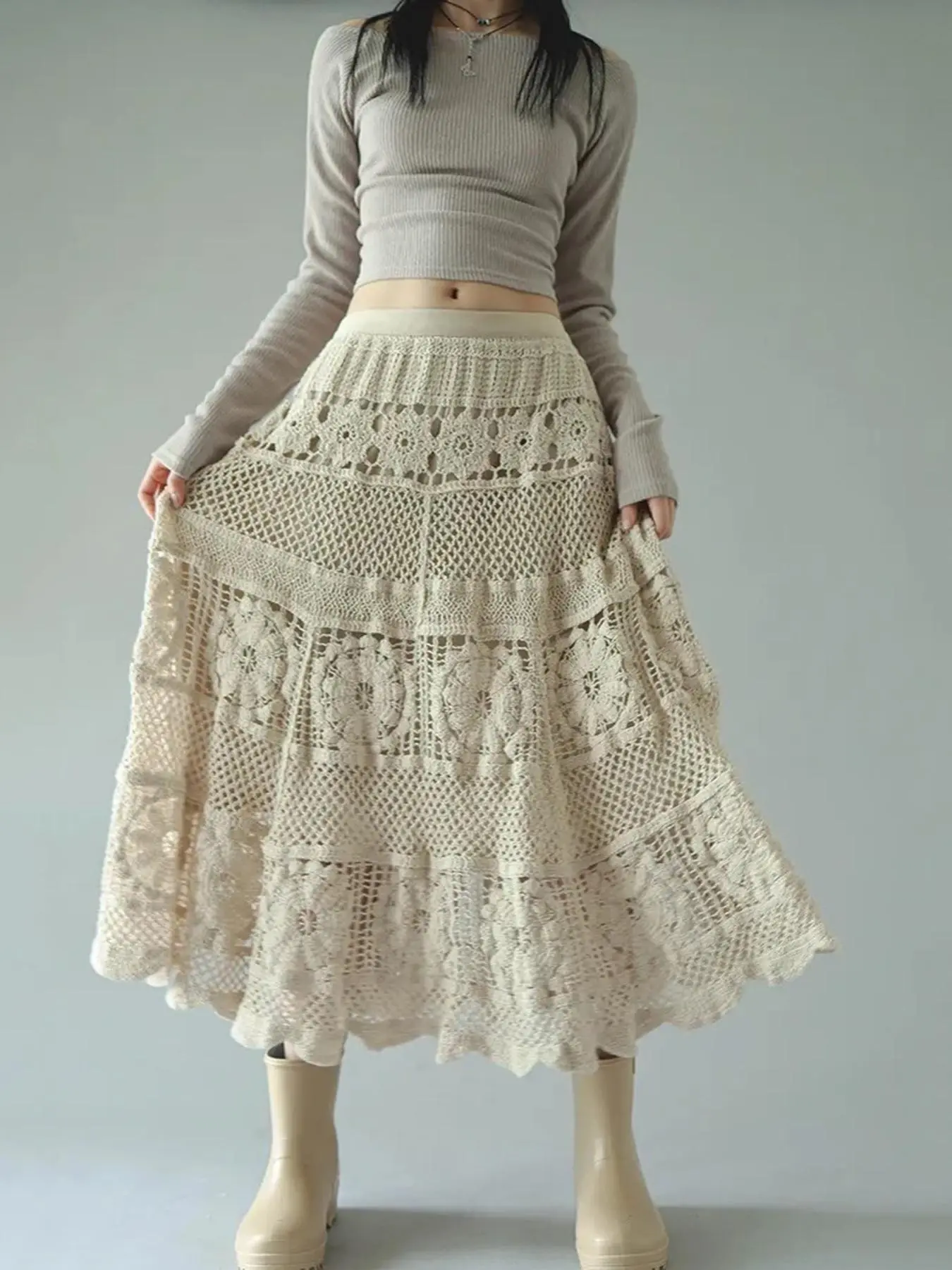 Women's Floral Crochet Skirt, Boho Style Long A-line Skirt for Beach Holiday Vacation, Ladies Bottoms for All Seasons