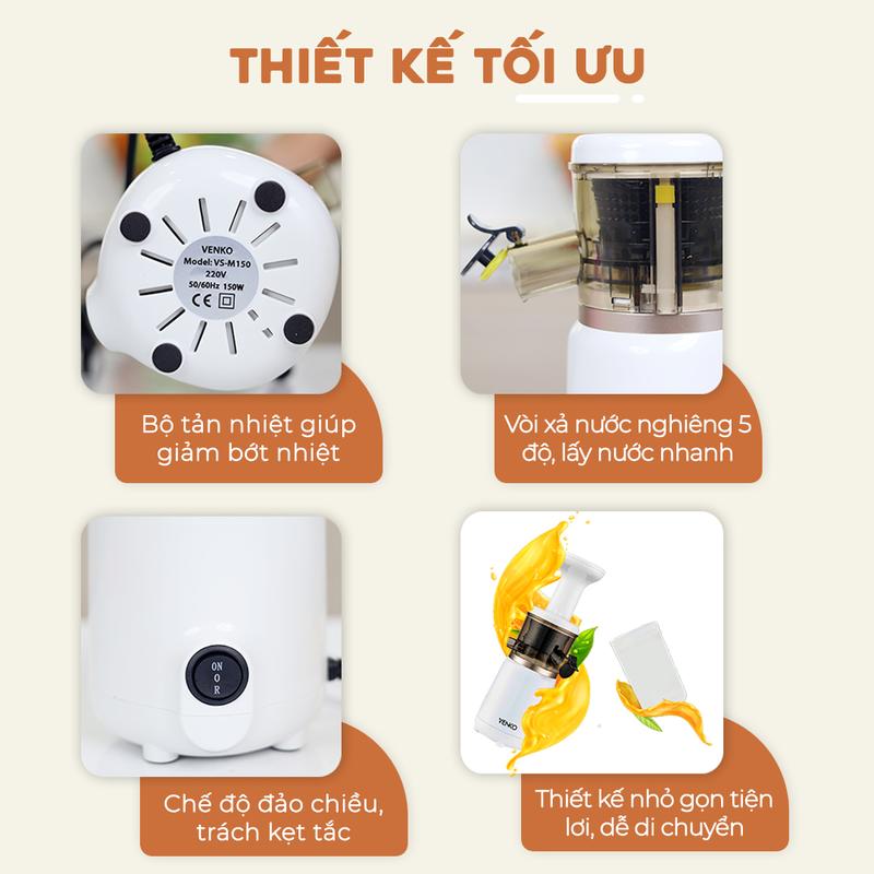 Máy ép chậm mini Venko, Xay sinh tố ép kiệt nước đến 98%, Lưới lọc 0,1mm siêu nhỏ, Công suất 150W máy  ép 7
