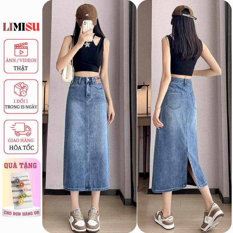 Chân váy jean nữ dáng dài LIMISU váy bò dài lưng cao dáng chữ A xẻ tà sau chất jean cao cấp Nữ ( V1 )