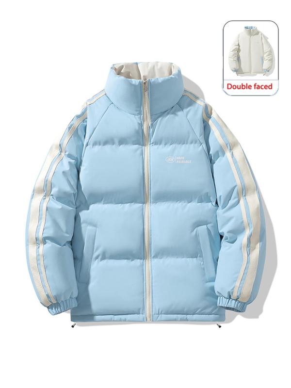 Men's Letter Print Side Stripe Double-sided Zip Up Jacket, Regular Fit Casual Pocket Long Sleeve Stand Collar Outerwear for Fall & Winter, Men's Clothes for Daily Wear 2