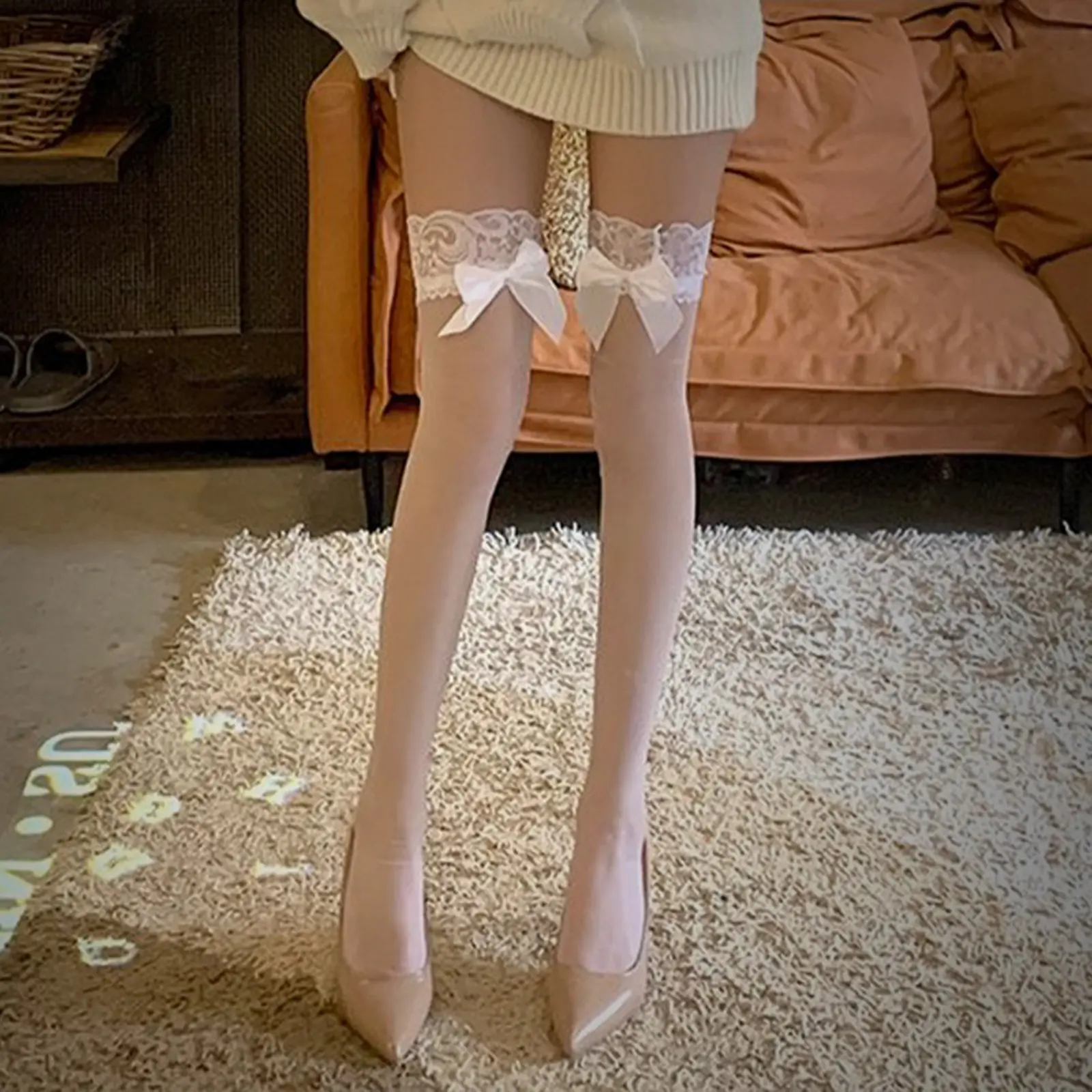 Womens Over Knee Stockings Lace Bow Tie Mature Temptation Tight Thigh High Socks