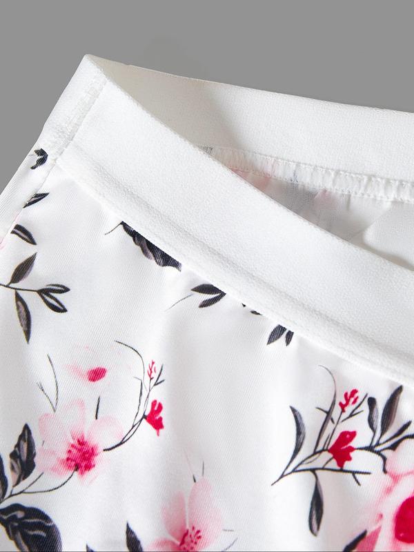 【Plus Size】 Two-Piece Set Floral Print Bow Decor Contrast Lace Bra & High Waist Panty, Adjustable Spaghetti Strap Wireless Bra & High Rise Panty, Women's Lingerie Set for All Seasons 6