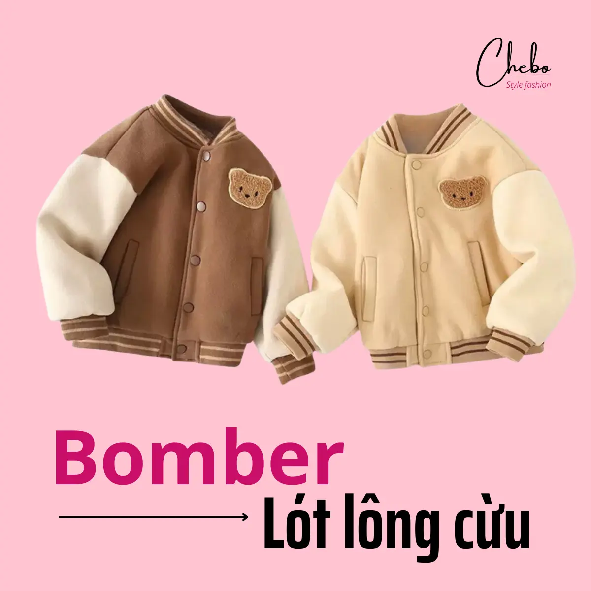 Áo khoác bomber bé trai bé gái 8-23kg họa tiết thêu gấu lót lông  mềm mịn phong cách bazic Hàn Quốc mặc mùa đông siêu ấm - Chebokids Jacket Top