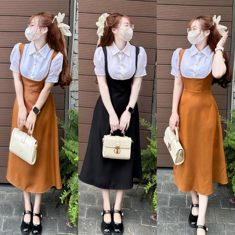 [FREESHIP] A25- Đầm váy Công Sở MIJU váy yếm liền đính cúc ngọc chất liệu cotton lạnh dày dặn, mềm mịn dáng xoè chữ A phù hợp đi làm đi tiệc đi chơi giáo viên Mijustore Women Dress Nữ Màu Nâu 1