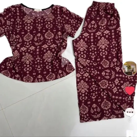 SB079 Đồ bộ trung biên chất liệu tole Thái cao cấp | Hoạ tiết hoa lá đỏ - Đầy đủ size đến 100kg