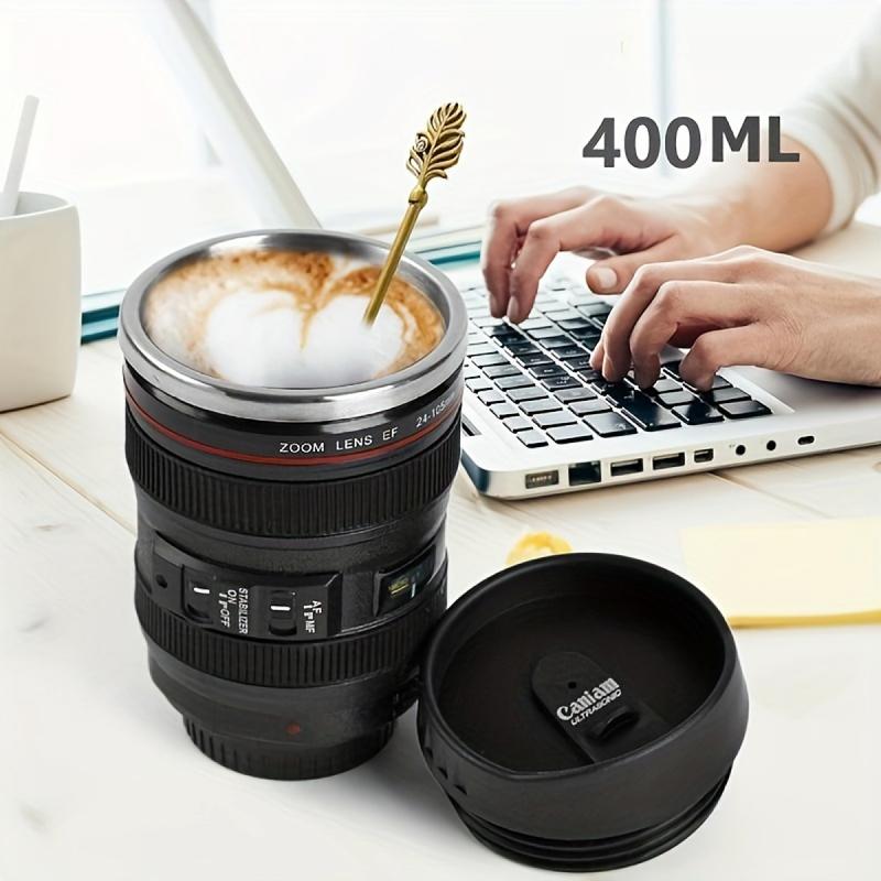 Cốc Cà Phê Hình Ống Kính, Thép Không Gỉ, Cốc Cách Nhiệt Ống Kính Máy Ảnh Có Nắp, Quà Tặng Nhiếp Ảnh Gia 0