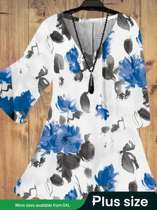 【Plus Size】 Floral Print Curved Hem Cover Up Top, Casual Half Sleeve V Neck Top for Summer, Women's Plus Clothing for Daily Wear, Shirts 0