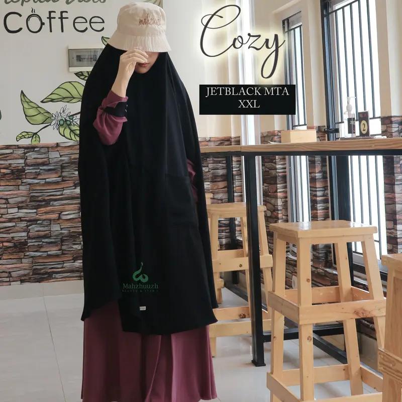 cozy khimar non pad jahit 4 lengan bolong Hitam Kerudung bergo jumbo khimar Syari Muslim Oval Jilbab Instan Wolfis Tangan 6