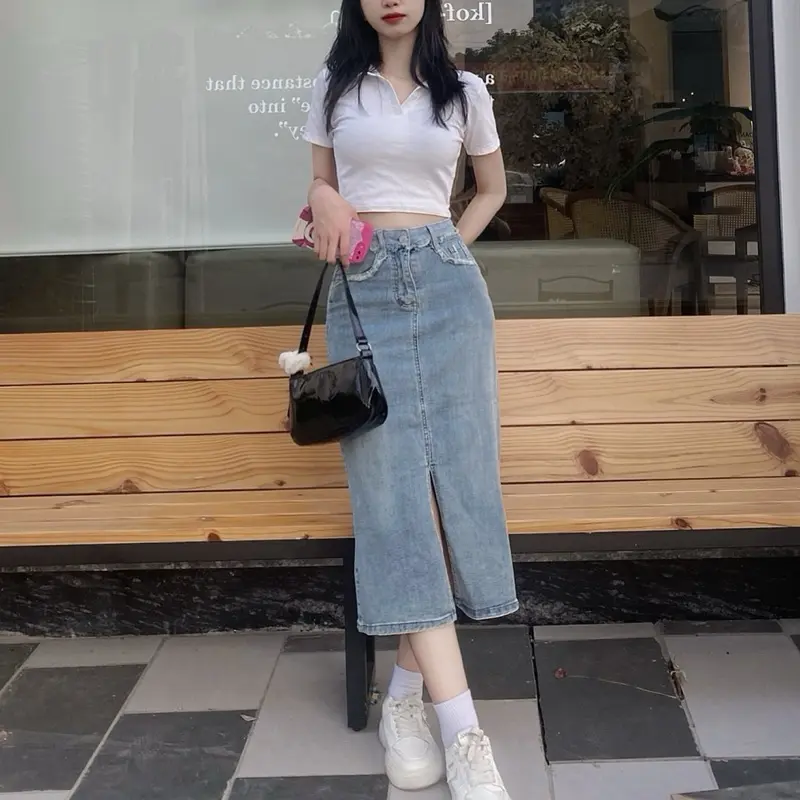 Chân váy jeans nữ QC xẻ trước