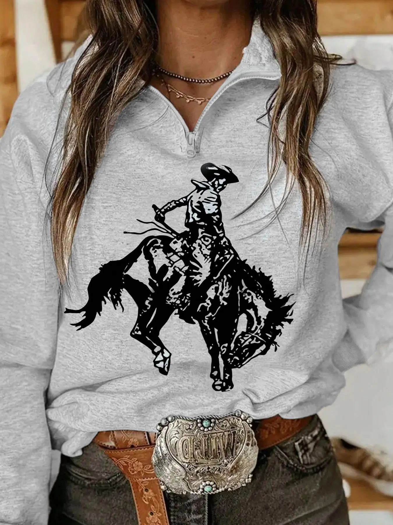 Women's Cartoon Cowboy Print Pullover Sweatshirt, Casual Long Sleeve   Top for Daily Wear, Ladies Clothes for All Seasons