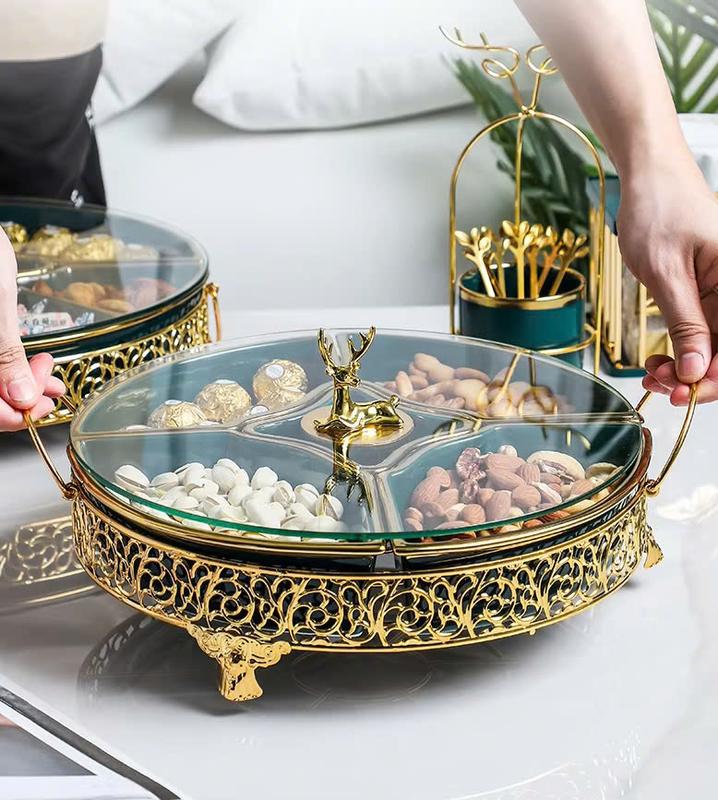 Khay gốm ceramic ITALY cao cấp đựng mứt kẹo các loại hạt phong cách cổ điển mạ vàng gold 4 khay riêng biệt + nắp kích cường lực