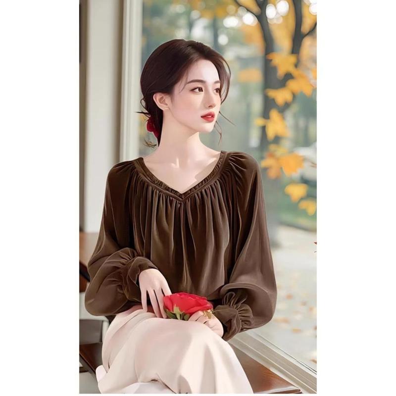 Áo Sơ Mi Dài Tay Nhung Màu Cà Phê Cổ Điển Phong Cách Pháp, Dành Cho Nữ, Hàng Mới Về Mùa Thu 2025, Phong Cách Ngầu Phổ Biến Áo Sang Trọng Độc Đáo, Thích Hợp Cho Phong Cách Đi Làm Đơn Giản 3