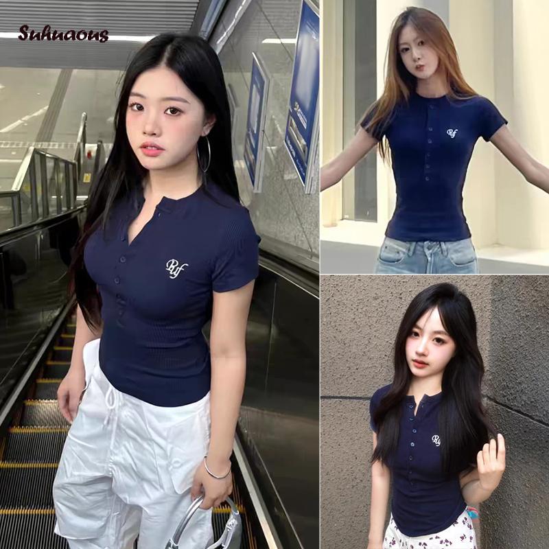 Áo Phông nữ, ngắn Tay, Cổ Henley, Chữ Thêu, Áo Mùa Hè, Thời Trang Đường Phố, SS24 0