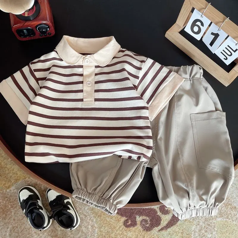 Bộ Đồ Mùa Hè Cho Bé Trai, Quần Áo Trẻ Em Hàn Quốc, Cổ Polo dễ phối đồ Phong Cách Phương Tây, Sọc, ngắn Tay, Dễ Phối Đồ, Thích Hợp Cho Bé Heo Cá Heo