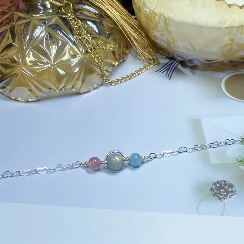 Vòng đeo tay Lona Gems S925 mix đá aqua kết hợp xà cừ và dâu tây hồng thiên nhiên cao cấp năng lượng