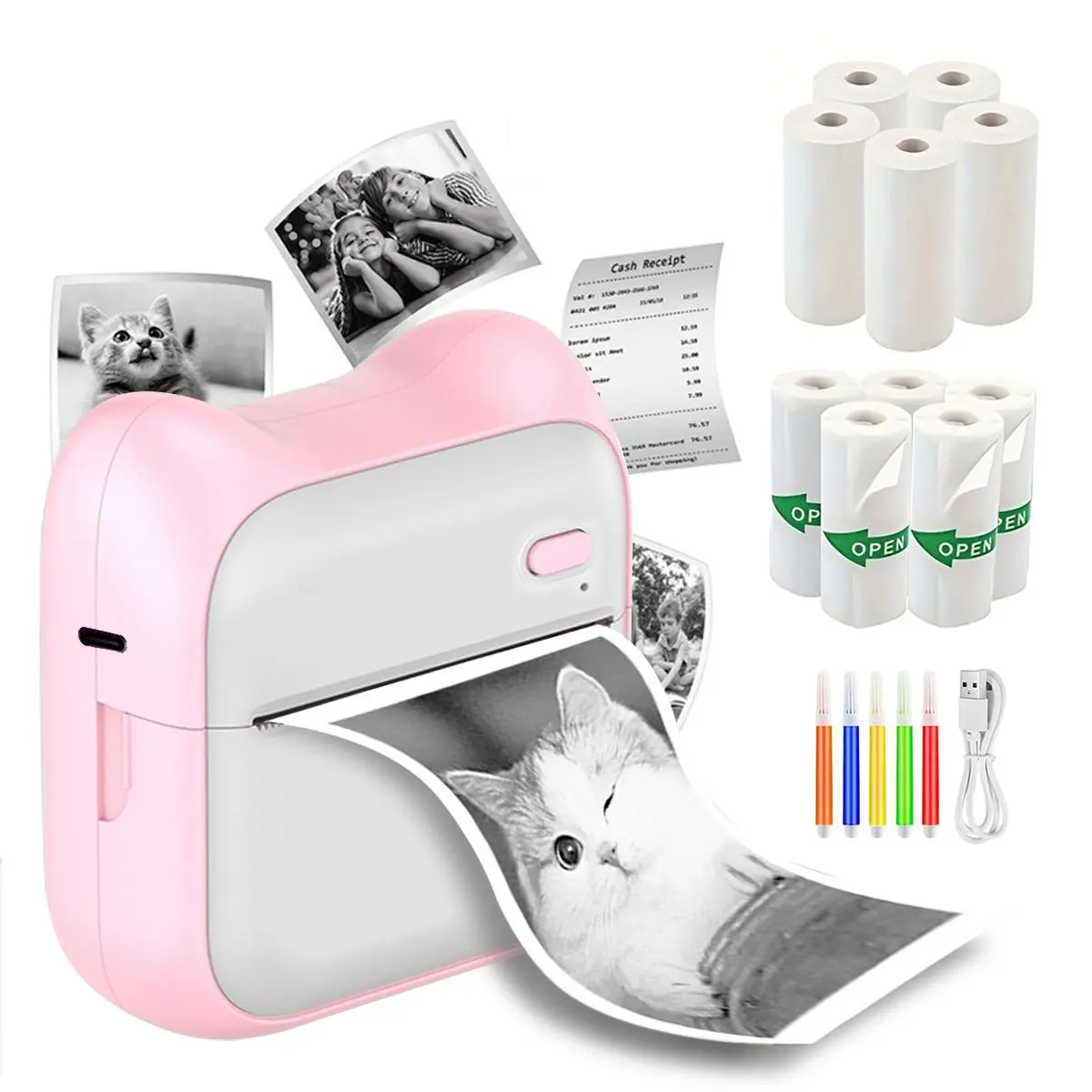 Portable Wireless Thermal Printer, 1 Set Rechargeable Instant Photo Printer with 10 Rolls Printer Paper, Mini Bluetooth-compatible Printer, Pocket Printer, Glamour Gifts