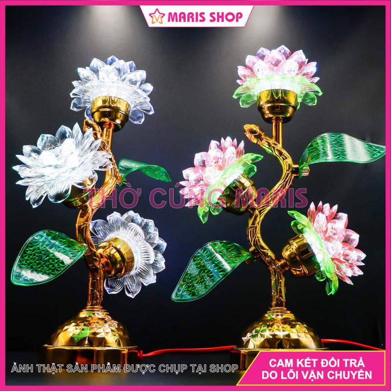 Đèn Thờ Hoa Sen 3 Bông Cao 35cm LED Tự Động Đổi Nhiều Màu Để Bàn Thờ Phật, Ông bà Gia Tiên