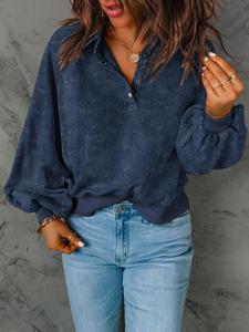 Women's Plain Button Front Lantern Sleeve Sweatshirt, Casual Long Sleeve Collared Pullover for Spring & Fall, Ladies Clothes for Daily Wear