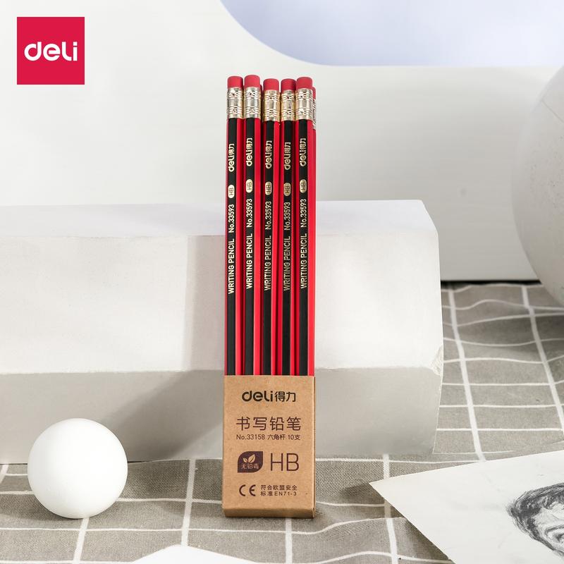 Vỉ 10 bút chì lục giác Deli 2B/HB kèm đầu tẩy trắng - chất liệu gỗ an toàn dễ gọt phù hợp với học sinh văn phòng 33158
