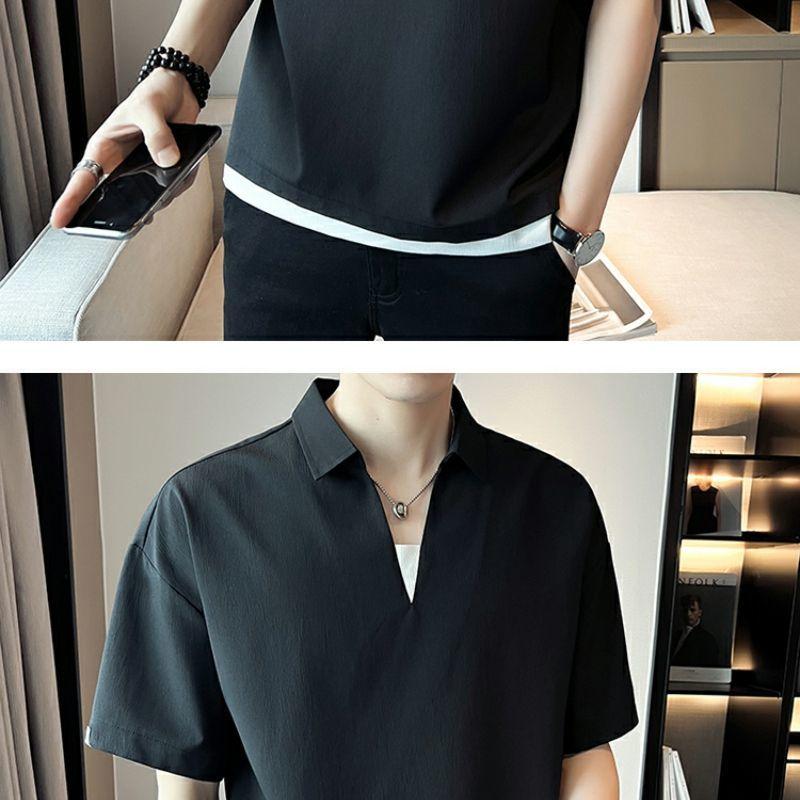 Product Introduction of 2025 Fake Two-Piece V-neck T-shirt Men's Ins Fashion Brand Short Sleeve Polo Shirt Ice Silk Half Sleeve 2023 New Summer Matching Suit 21